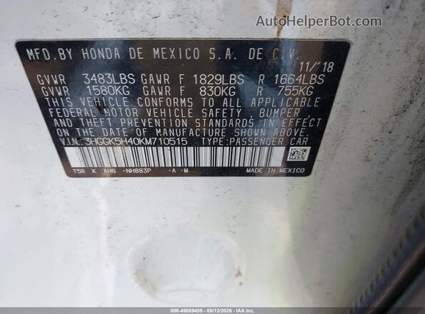 3HGGK5H40KM710515 2019 HONDA FIT White Շարժիչի բաժամունքի տեսք