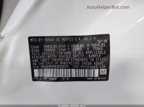3HGGK5H40LM702075 2020 HONDA FIT White Вид підкапотного простору