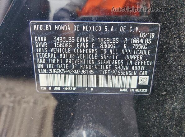 3HGGK5H42KM736145 2019 HONDA FIT Black Widok naklejki z numerem VIN