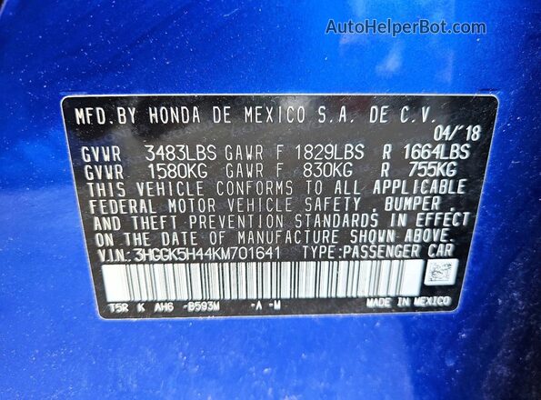 3HGGK5H44KM701641 2019 HONDA FIT Blue Вид підкапотного простору