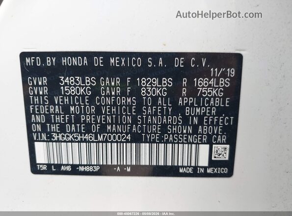 3HGGK5H46LM700024 2020 HONDA FIT White Вид підкапотного простору