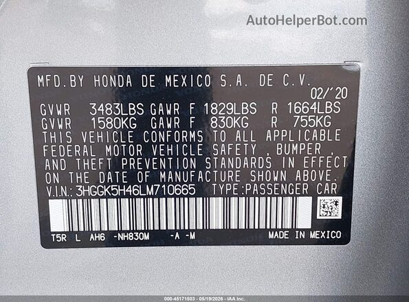 3HGGK5H46LM710665 2020 HONDA FIT Silver Engine compartment view