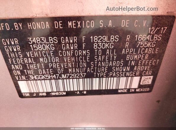 3HGGK5H47JM729237 2018 HONDA FIT Silver Вид підкапотного простору