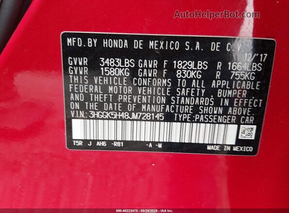 3HGGK5H48JM728145 2018 HONDA FIT Red Widok komory silnika