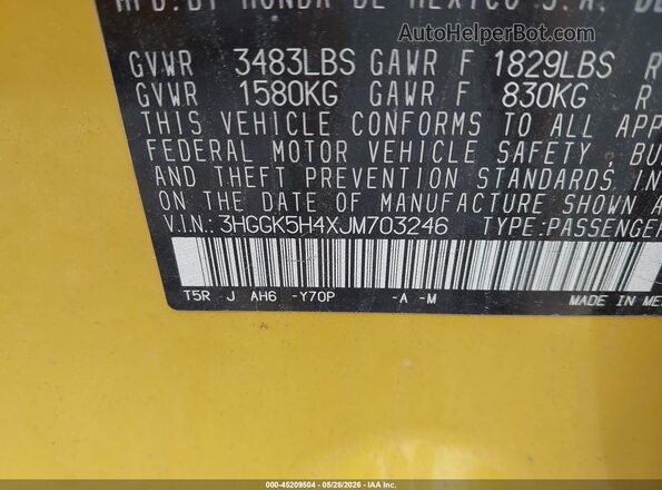 3HGGK5H4XJM703246 2018 HONDA FIT Yellow ძრავის განყოფილების ხედი