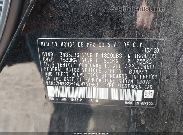 3HGGK5H4XLM731860 2020 HONDA FIT Black Շարժիչի բաժամունքի տեսք