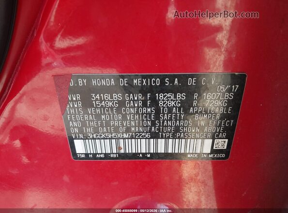 3HGGK5H5XHM712256 2017 HONDA FIT Red Вид підкапотного простору