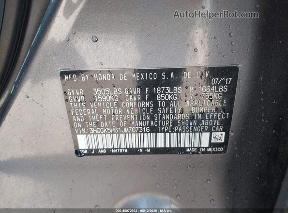 3HGGK5H61JM707316 2018 HONDA FIT Gray 