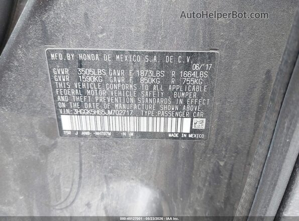 3HGGK5H65JM702717 2018 HONDA FIT Gray 