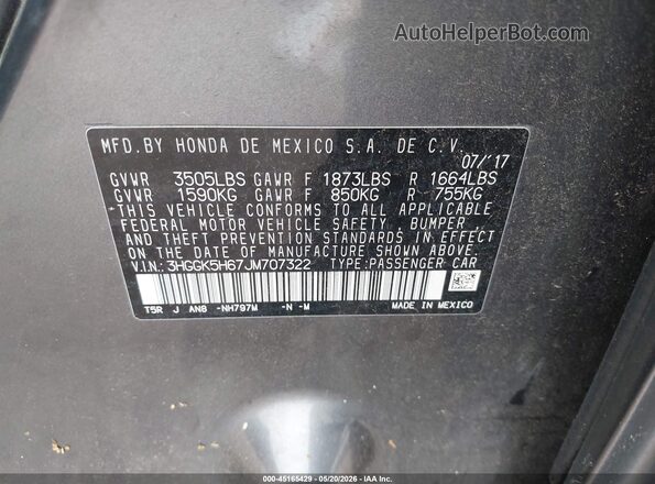 3HGGK5H67JM707322 2018 HONDA FIT Gray ძრავის განყოფილების ხედი