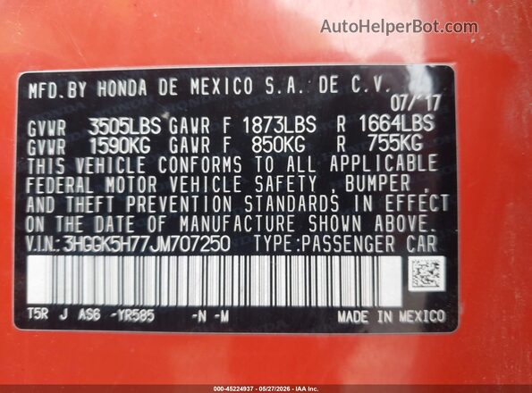 3HGGK5H77JM707250 2018 HONDA FIT Orange Engine compartment view