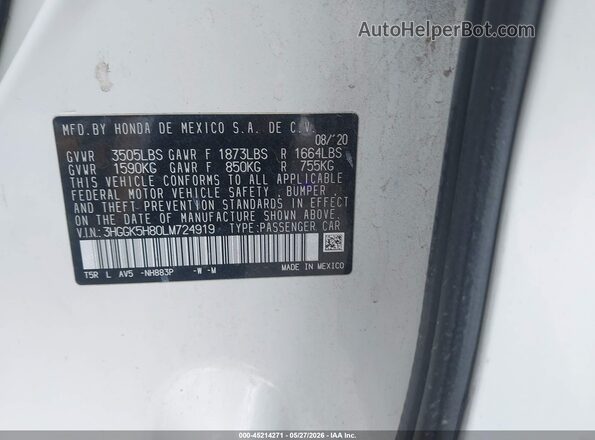 3HGGK5H80LM724919 2020 HONDA FIT White Вид підкапотного простору
