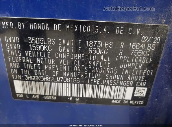 3HGGK5H82LM708186 2020 HONDA FIT Blue Vista del compartimento del motor