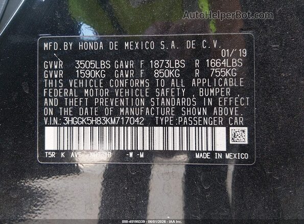 3HGGK5H83KM717042 2019 HONDA FIT Black 