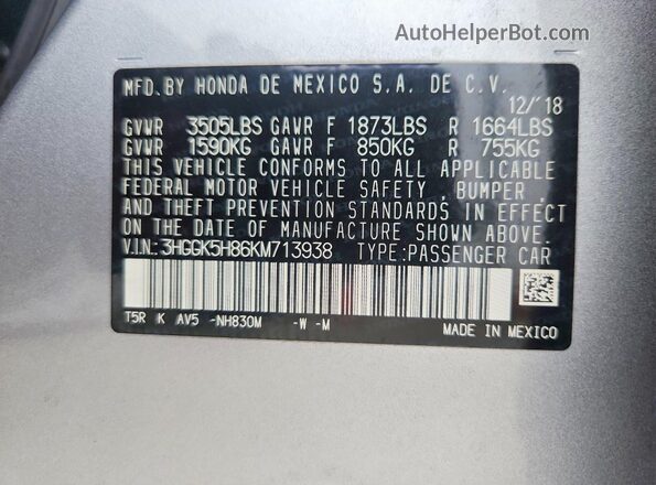 3HGGK5H86KM713938 2019 HONDA FIT Silver 