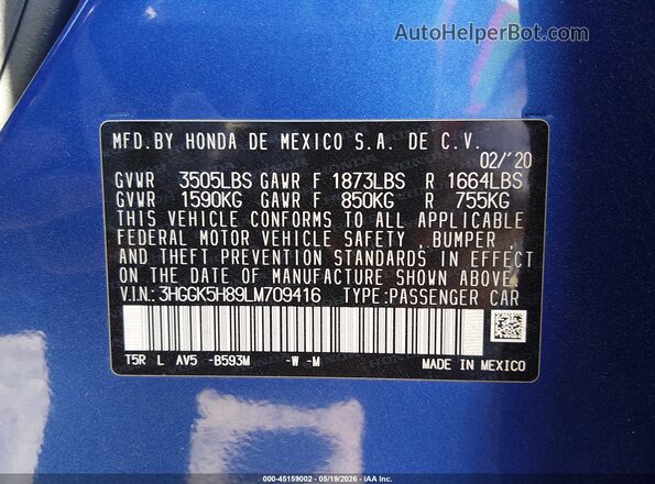 3HGGK5H89LM709416 2020 HONDA FIT Blue Widok komory silnika