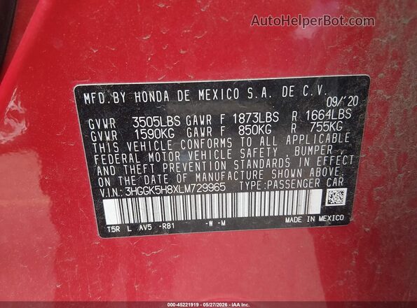 3HGGK5H8XLM729965 2020 HONDA FIT Red Widok komory silnika