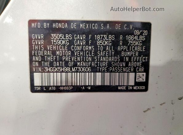 3HGGK5H98LM730606 2020 HONDA FIT White Widok naklejki z numerem VIN