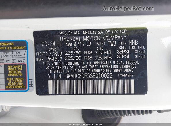 3KMJC3DE5SE010033 2025 HYUNDAI TUCSON White Widok komory silnika
