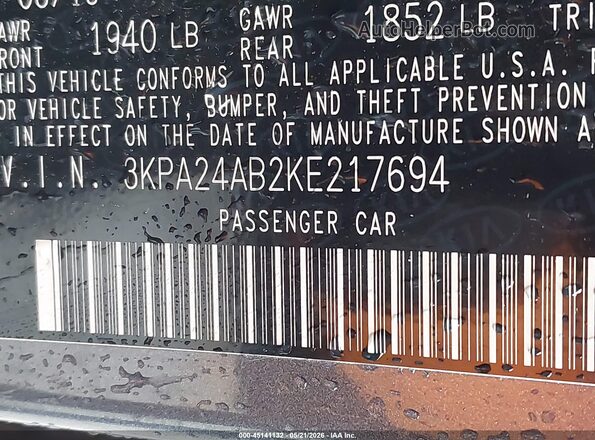 3KPA24AB2KE217694 2019 KIA RIO Gray Вид підкапотного простору