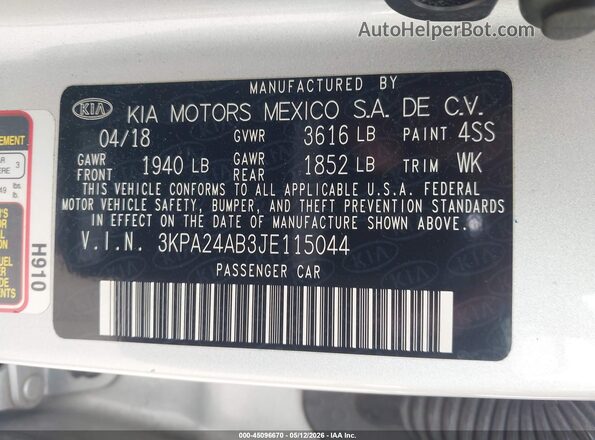 3KPA24AB3JE115044 2018 KIA RIO Серебряный Вид подкапотного пространства