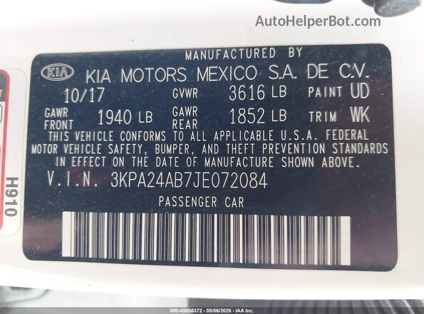 3KPA24AB7JE072084 2018 KIA RIO Белый 