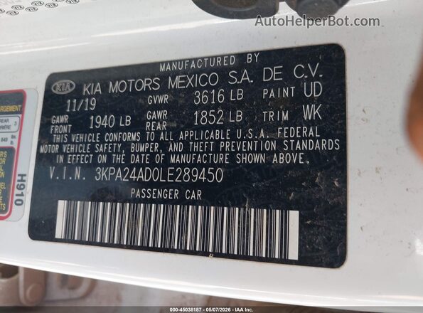 3KPA24AD0LE289450 2020 KIA RIO Белый Вид подкапотного пространства