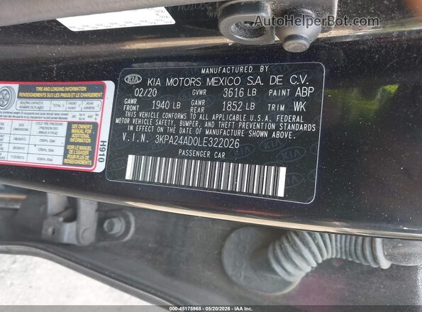 3KPA24AD0LE322026 2020 KIA RIO Black Vista del compartimento del motor