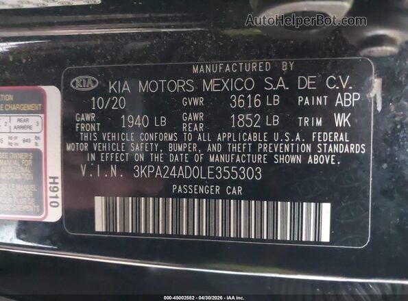 3KPA24AD0LE355303 2020 KIA RIO Black Vista del compartimento del motor