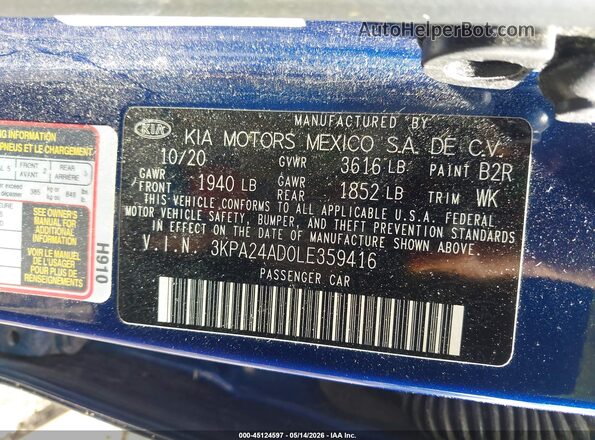 3KPA24AD0LE359416 2020 KIA RIO Blue 