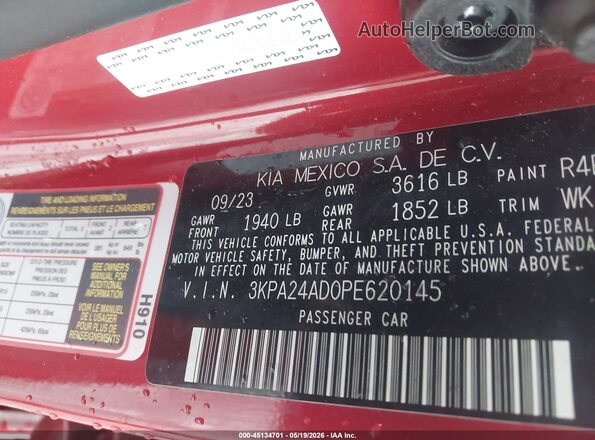 3KPA24AD0PE620145 2023 KIA RIO Red ძრავის განყოფილების ხედი