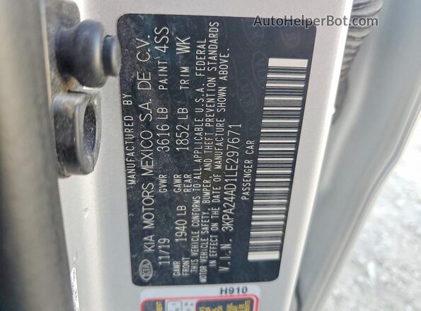 3KPA24AD1LE297671 2020 KIA RIO Silver 