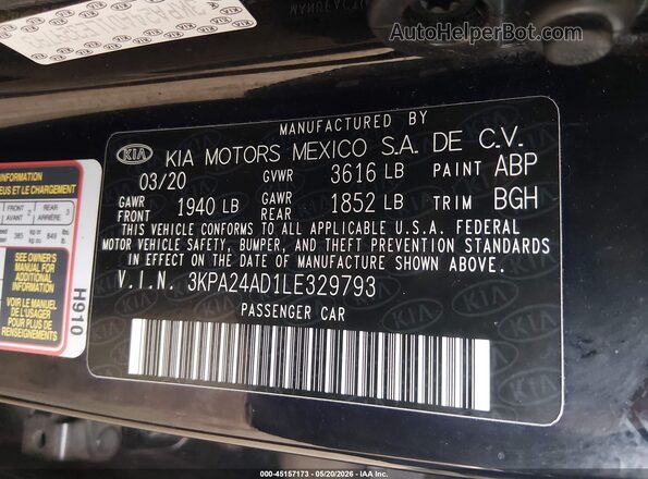 3KPA24AD1LE329793 2020 KIA RIO Black Вид підкапотного простору