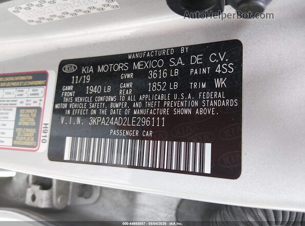 3KPA24AD2LE296111 2020 KIA RIO Silver Vista del compartimento del motor