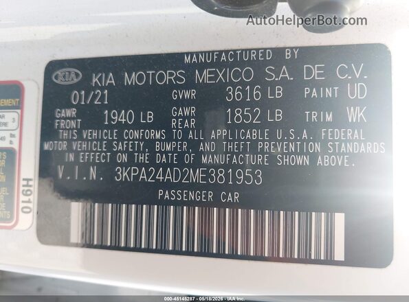 3KPA24AD2ME381953 2021 KIA RIO White 