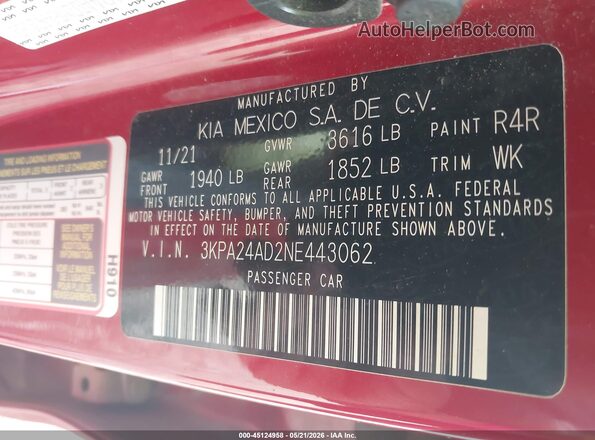 3KPA24AD2NE443062 2022 KIA RIO Red Вид підкапотного простору