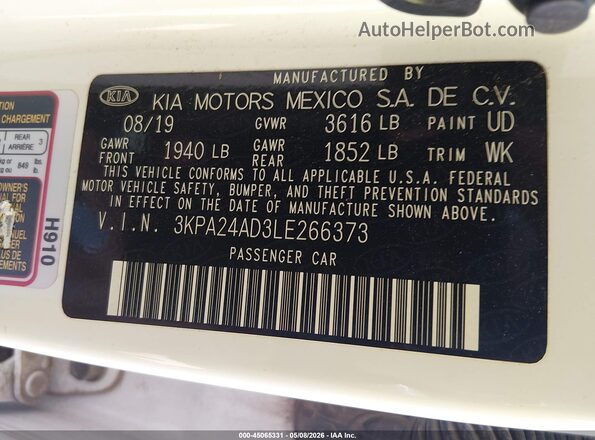 3KPA24AD3LE266373 2020 KIA RIO Белый Вид подкапотного пространства