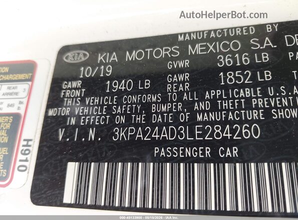 3KPA24AD3LE284260 2020 KIA RIO Белый Вид подкапотного пространства