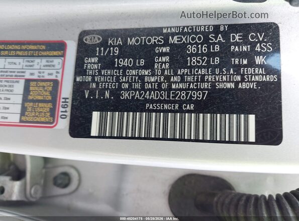 3KPA24AD3LE287997 2020 KIA RIO Silver Engine compartment view