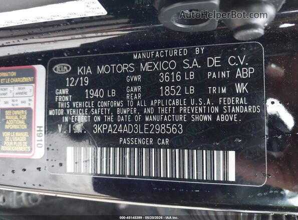 3KPA24AD3LE298563 2020 KIA RIO Black Vista del compartimento del motor