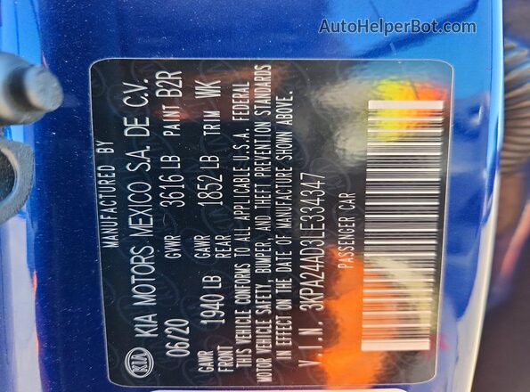 3KPA24AD3LE334347 2020 KIA RIO Blue 