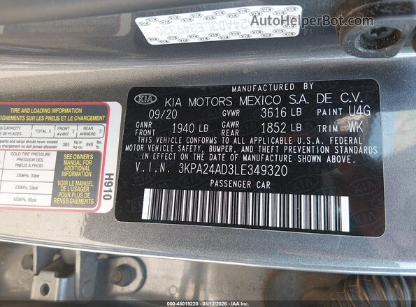 3KPA24AD3LE349320 2020 KIA RIO Gray ძრავის განყოფილების ხედი