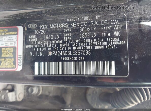 3KPA24AD3LE357093 2020 KIA RIO Black Շարժիչի բաժամունքի տեսք