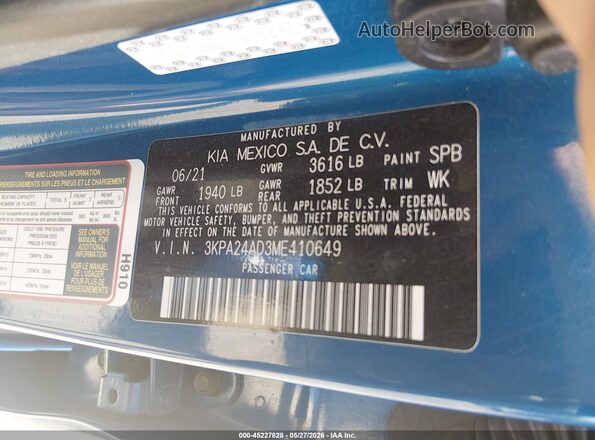 3KPA24AD3ME410649 2021 KIA RIO Blue Engine compartment view