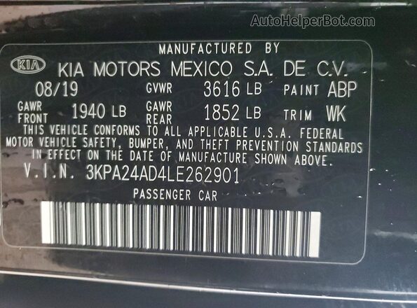 3KPA24AD4LE262901 2020 KIA RIO Black VIN კოდის სტიკერის ხედი