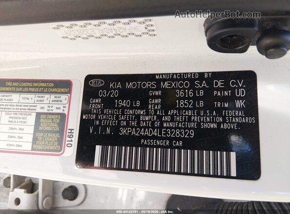 3KPA24AD4LE328329 2020 KIA RIO White Շարժիչի բաժամունքի տեսք