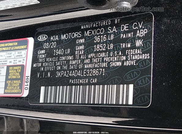 3KPA24AD4LE328671 2020 KIA RIO Black Vista del compartimento del motor