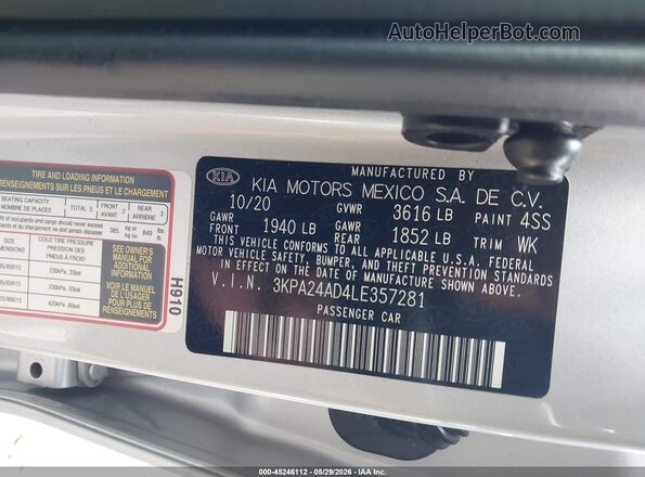 3KPA24AD4LE357281 2020 KIA RIO Silver 
