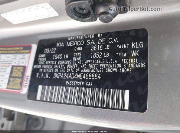 3KPA24AD4NE468884 2022 KIA RIO Серый Вид подкапотного пространства