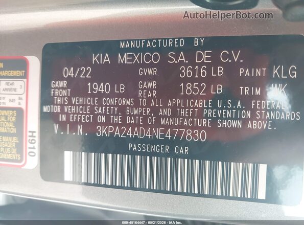 3KPA24AD4NE477830 2022 KIA RIO Gray Vista del compartimento del motor